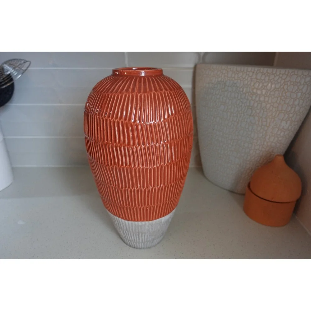 Textured Ceramic‎ Vase, Decorative Accent Vase, Modern Home Decor, Orange & Gray